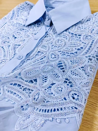 Imagen 2 del producto Marca de lujo, blusas azules de algodón con bordado calado y lentejuelas brillantes, camisas para mujer, Top informal holgado de manga larga a la moda 2025