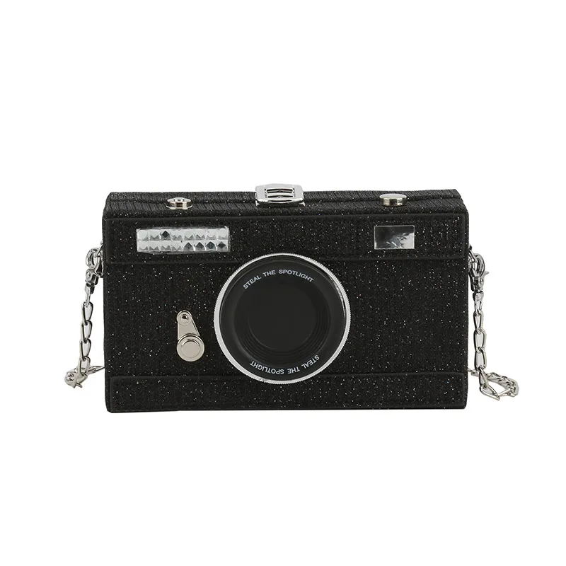 

Women's Fashion Sequin Crossbody Bag with Funny Chain New Camera Shape Shoulder Bag Stylish Box Bag for Ladies