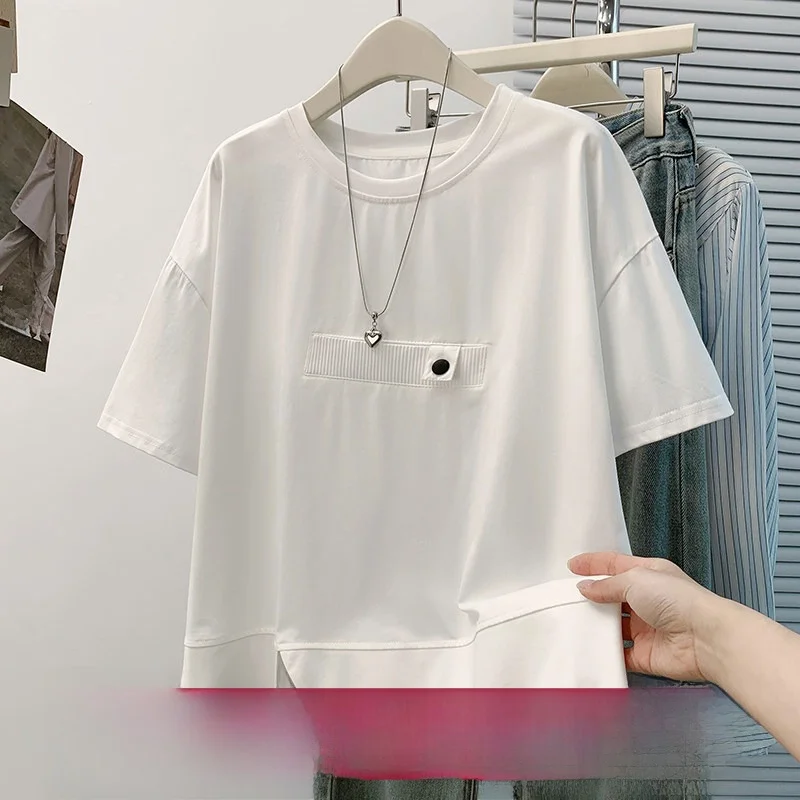 

Fashionable Korean Design Short Sleeve T-Shirt Women's Loose Fit Cotton City Commute Style Casual round Neck Top