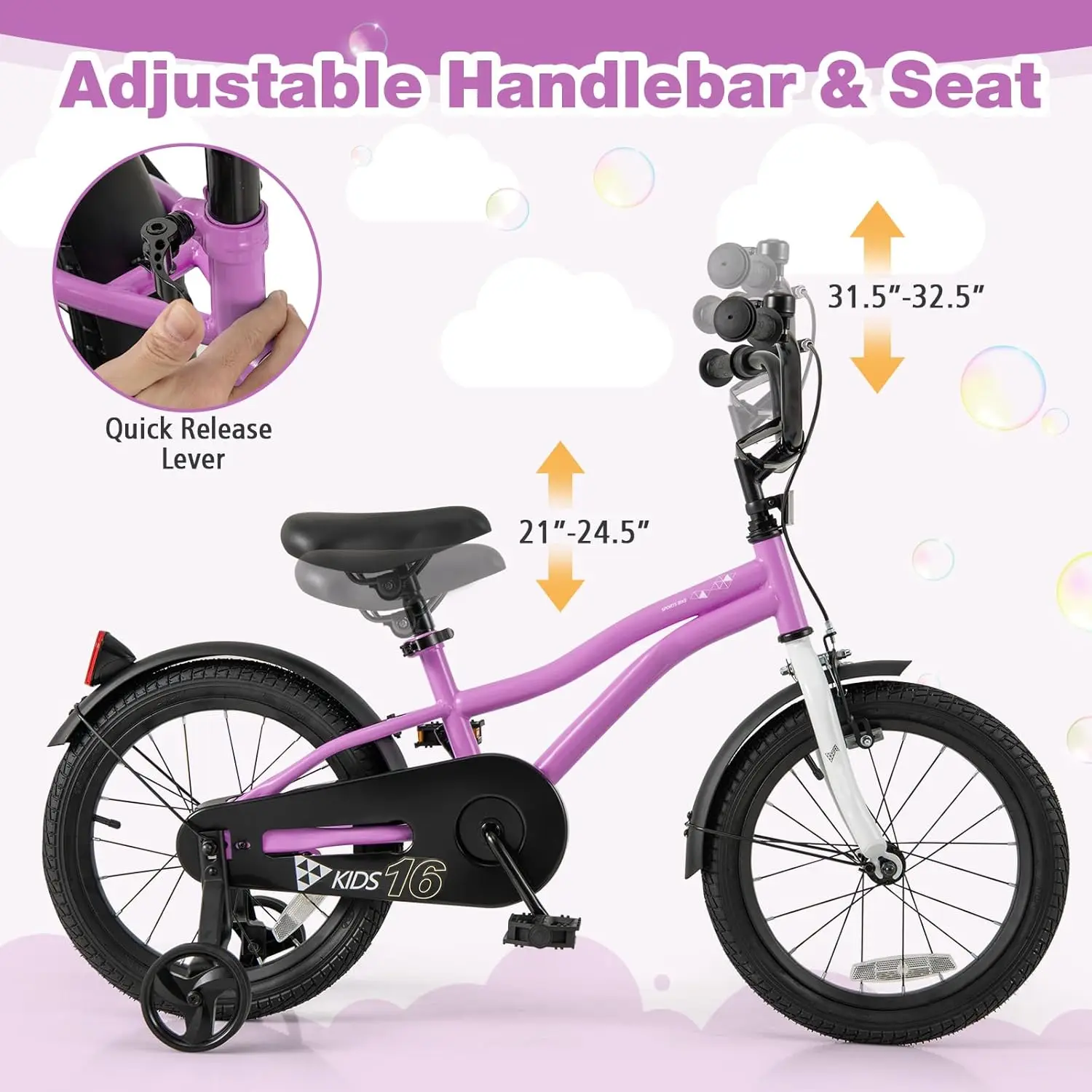 Kids Bike, 12 14 16 Inches Sporty Bicycle with Training Wheels, Adjustable Seat, Handbrake & Coaster Brake, Reflectors, Girls