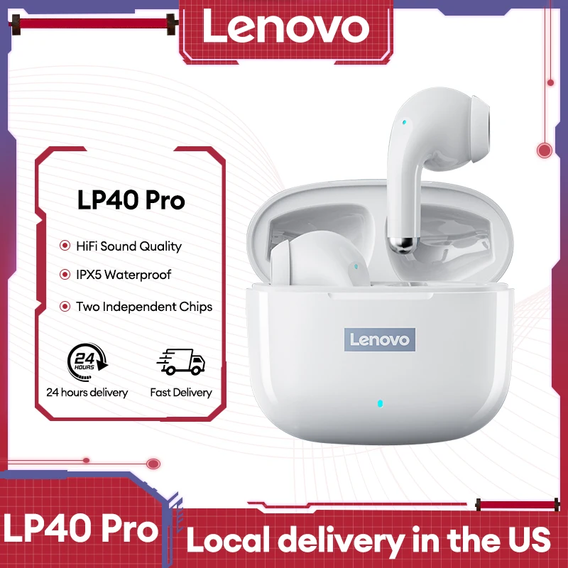 Consegna negli Stati Uniti Lenovo LP40 Pro Auricolari Bluetooth senza fili Moda HiFi Stereo Suono Cuffie musicali Auricolari da gioco a lunga durata