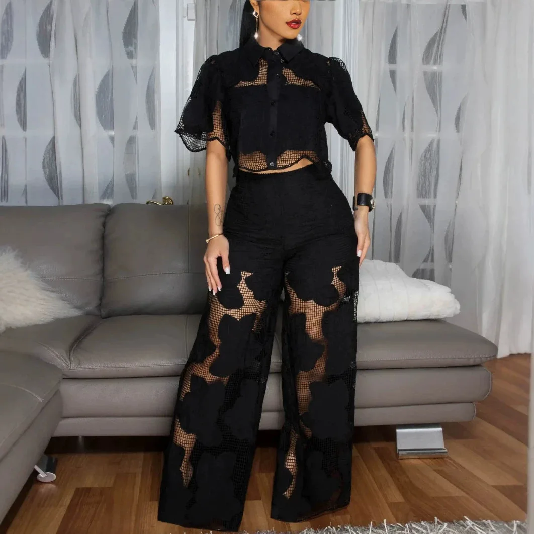 Lace Hollow Out Blouse Top Pants Matching Set Spring Summer