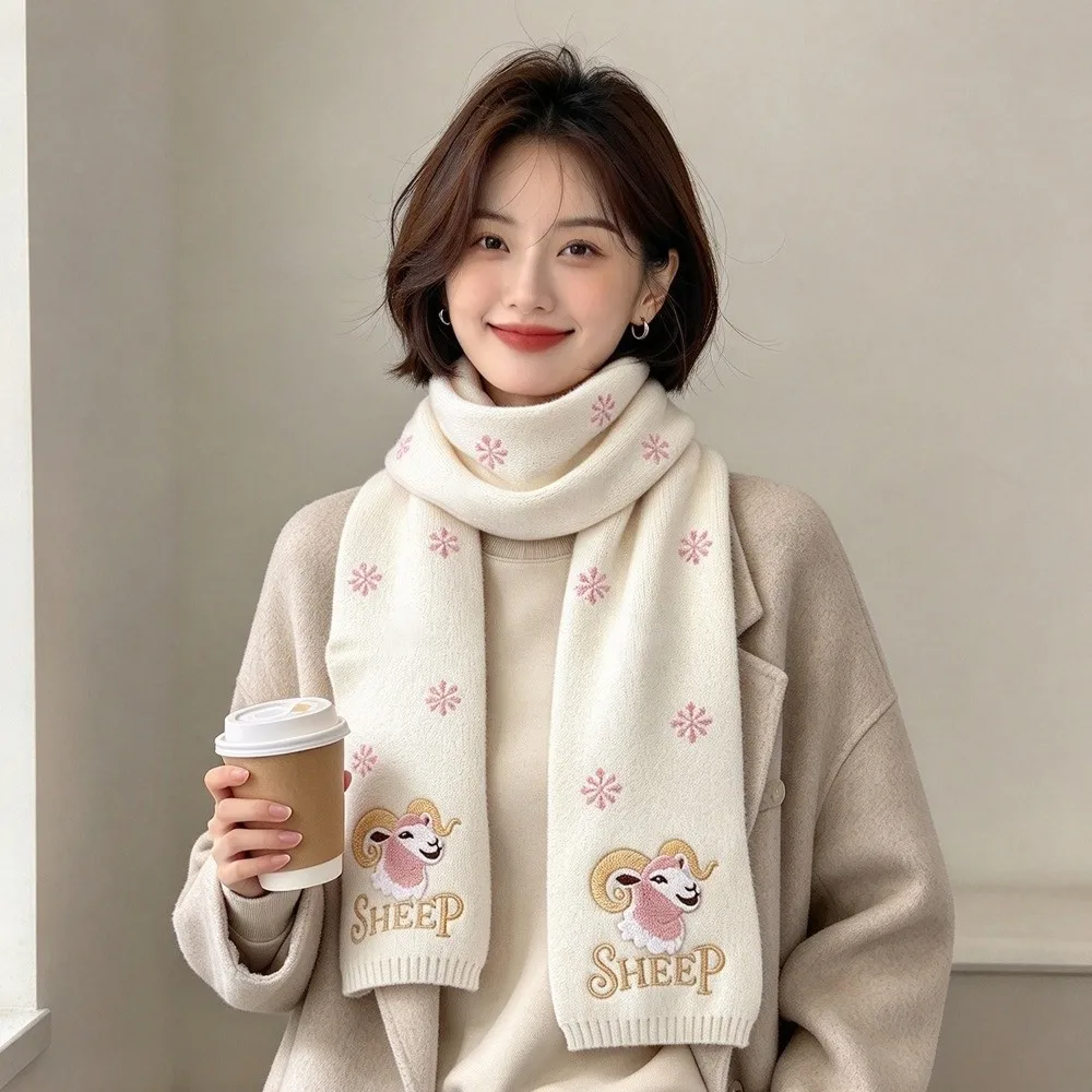 Chinese New Year Sheep Long Wool Scarf Embroidery Cartoon Lamb Windproof Cashmere Shawl Thicken Outdoor Winter Cashmere Scarves