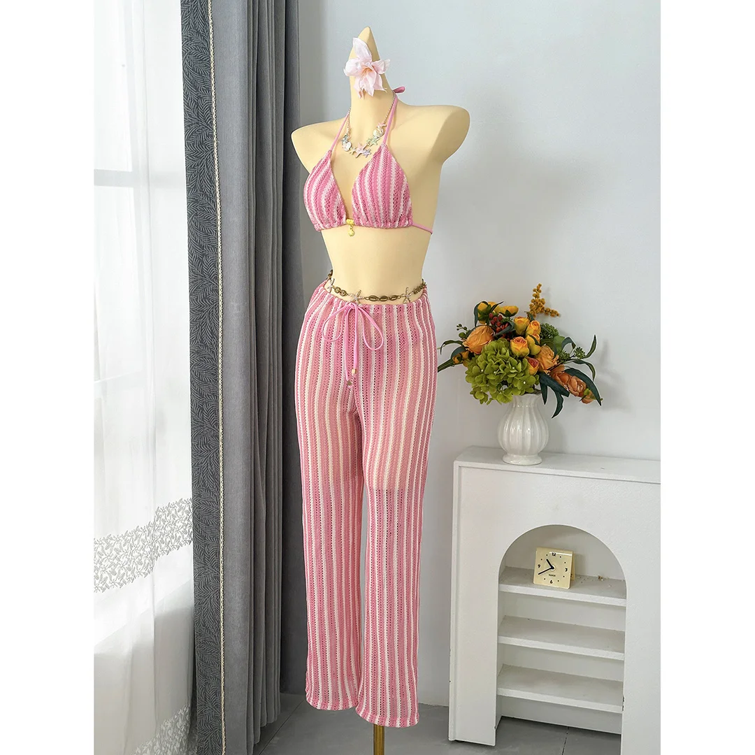 5 Farben mit Hose, gestreifter Neckholder-Bikini, Damen-Badebekleidung, dreiteiliger Bikini-Set, Badeanzug, Badebekleidung, Schwimmbekleidung V7838P – Detail 8
