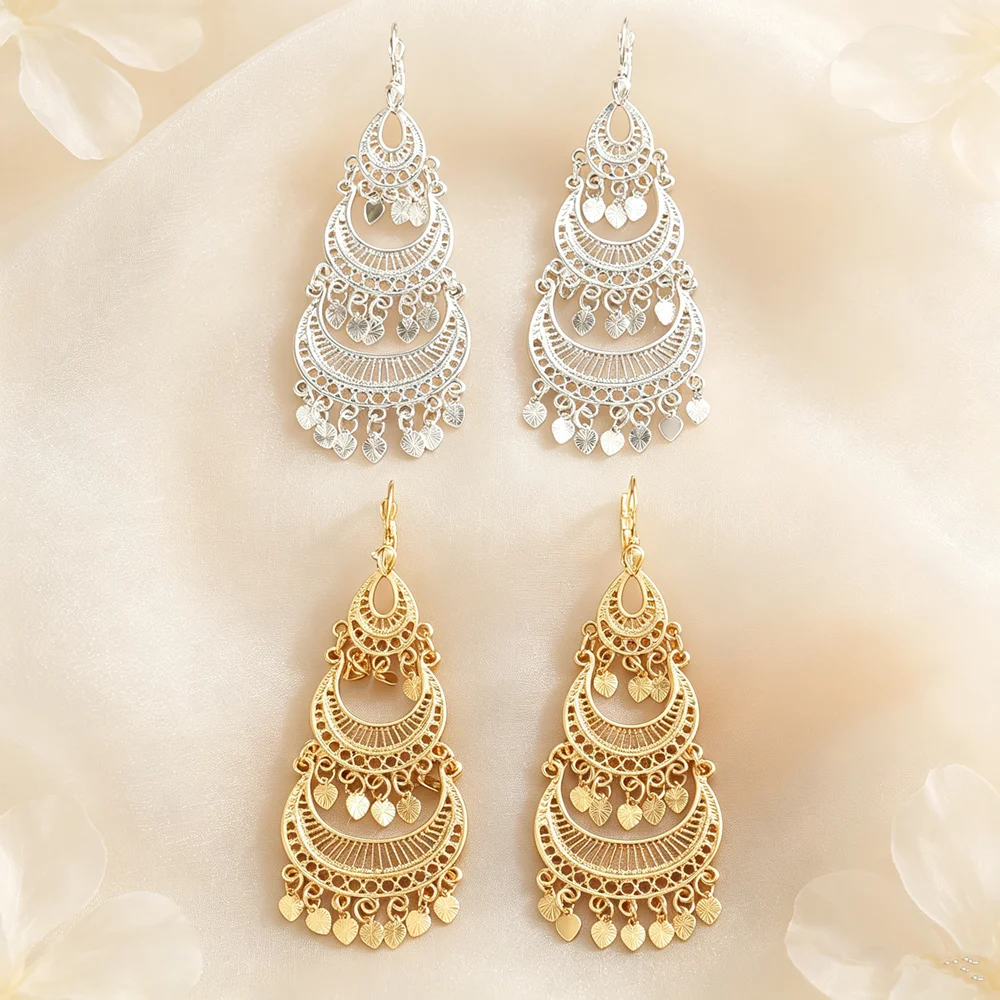 Middle Eastern Bohemian Filigree Drop Earrings Multi‑Layer Heart Tassel Earrings For Ladies Dress Matching