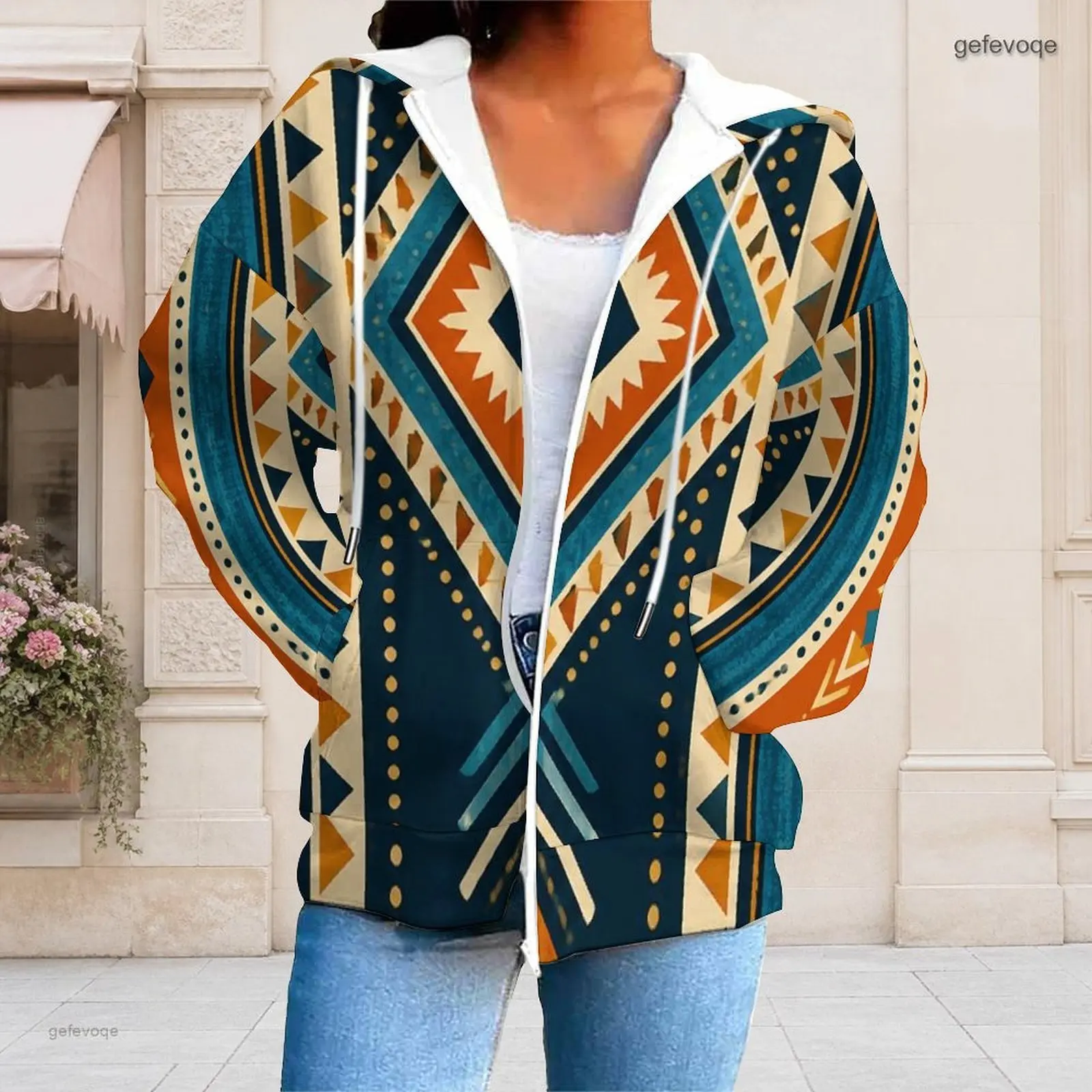 Women Beige Brown Plaid Patchwork Dotted Printed Zip Up Long Sleeve Hoodie With Pockets