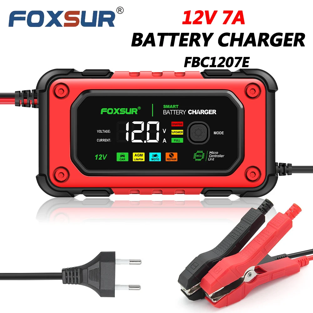 

FOXSUR 12V 7A FBC1207E Car Battery Charger Motorcycle Smart Battery Charger For AGM LiFePO4 GEL Intelligent Repair Tools