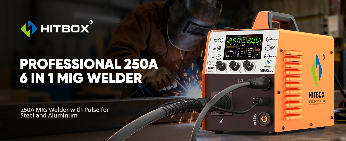 MIG Welder Gasless 180A HITBOX MIG250II 6 in 1 Mini Portable Inverter Welding Machine Semi-automatic TIG MIG 220V Home Use