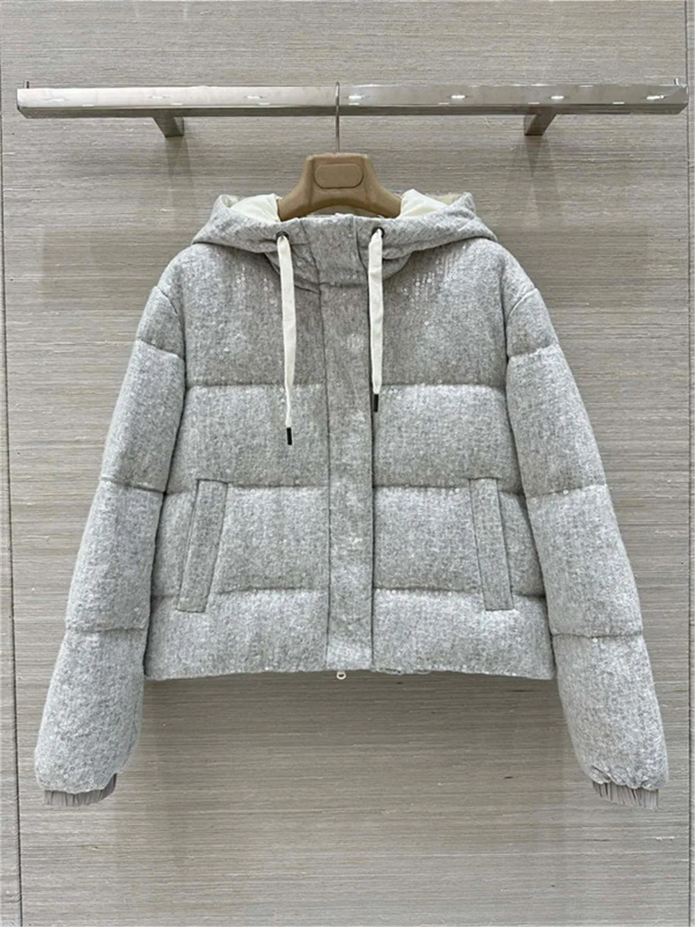 Exquisite Sequined Hooded White Goose Down Jacket Women's Clothing Autumn Winter Warm Jacket Coat