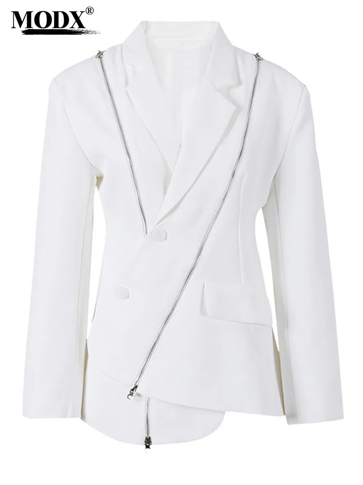 [MODX] Blazer irregolare con cerniera bianca Donna Nuova giacca ampia a maniche lunghe con intaglio Moda marea Primavera Autunno 2024