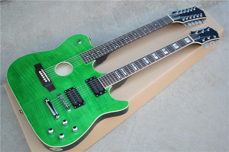 Double Neck 12+6 String Green Body Electric Guitar with Flame Maple Veneer,Offer Customize