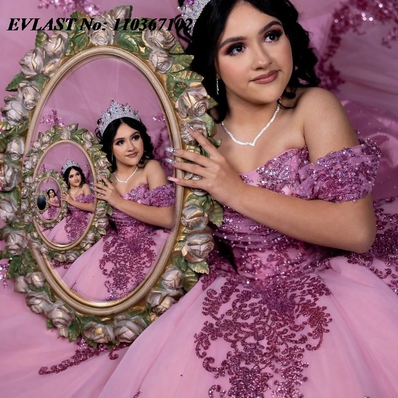 EVLAST Customized Lilac Ball Gown Quinceanera Dress Beaded Lace Appliques With Bow Corset Sweet 16 Vestidos De XV 15 Anos SQ177