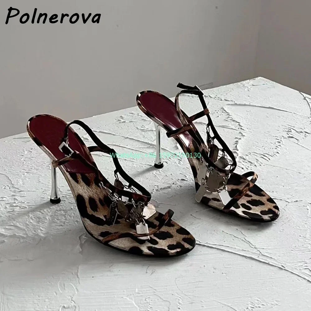 Leopard Metal Fringe Sandals Round Toe Thin Heels Straight Strap Shoes Ladies Fashion Sexy Runway Street Shoot Stiletto Shoes