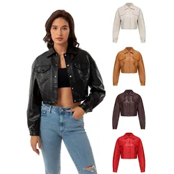 2024 Fashion Spring and Autumn Loose Casual Leather Jacket Coat Ladies Long Sleeve Single Breasted Women's Short Lapel Jacket