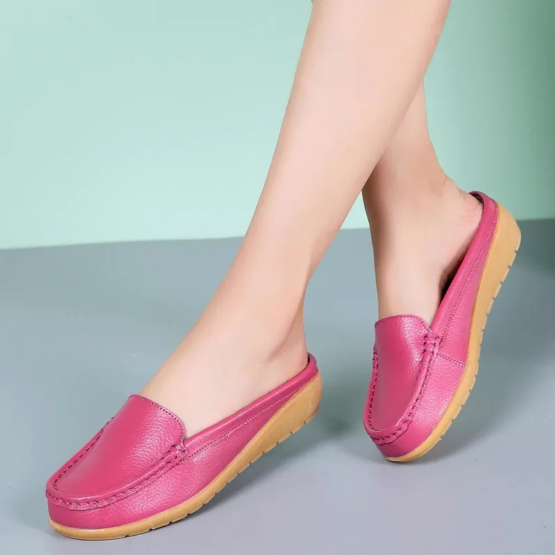 Summer Genuine Leather Women Flats Hollow Slip On Leather Loafers Ladies Shoes Korean Style Soft Moccasins Half Slippers Size 43