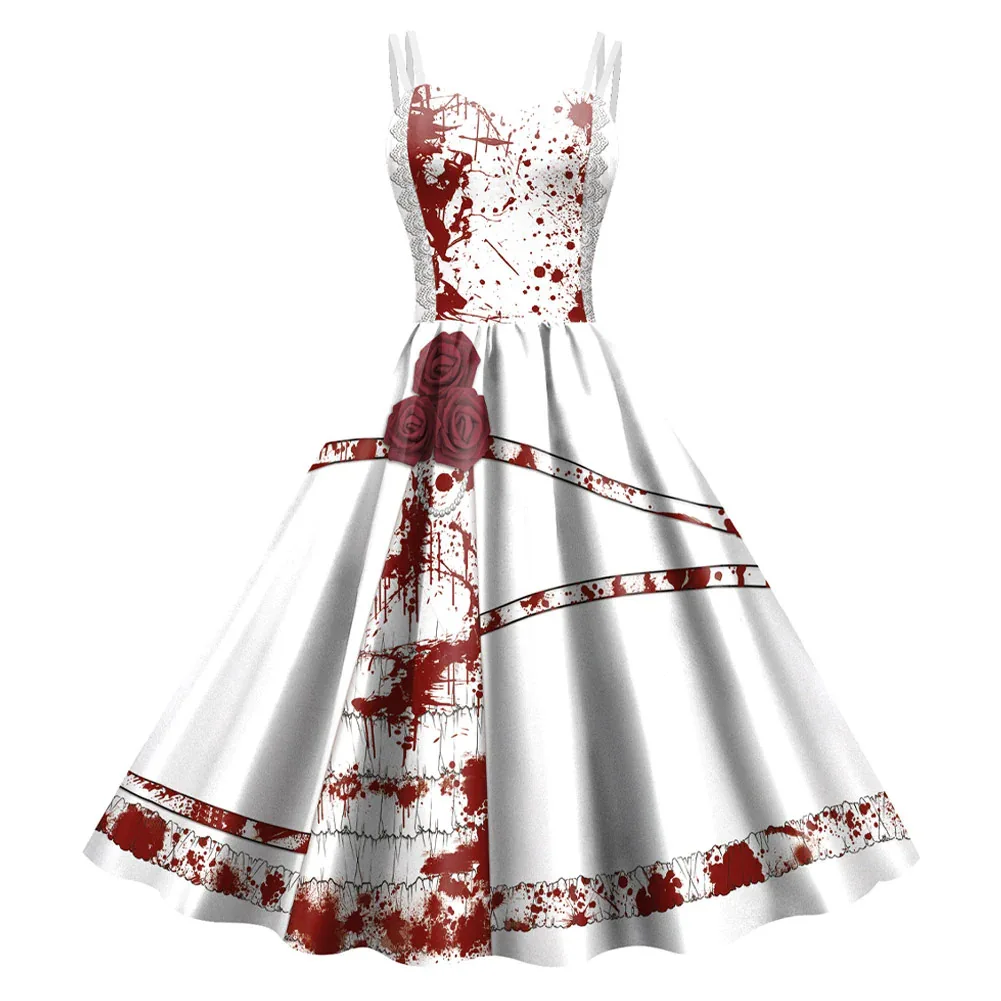 Vintage Gothic Doppelriemen-Swingkleid mit Skelett-Brustmuster, mehrfarbigem Blumen- und Totenkopf-Aufdruck, Damen-Halloween-Cosplay-Kostüm – Detail 16
