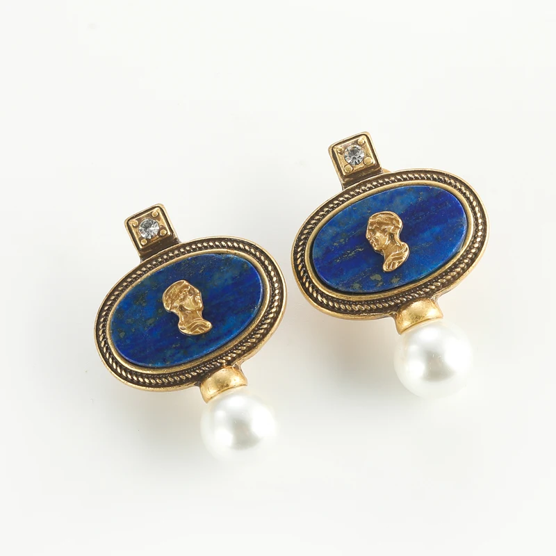 Vintage Lapis Lazuli Kopfperlen-Ohrringe, Cameo, goldfarben, Avatar, blauer Stein, für Damen, Schmuckdesign, Hochzeit, Designer, Jahrestag