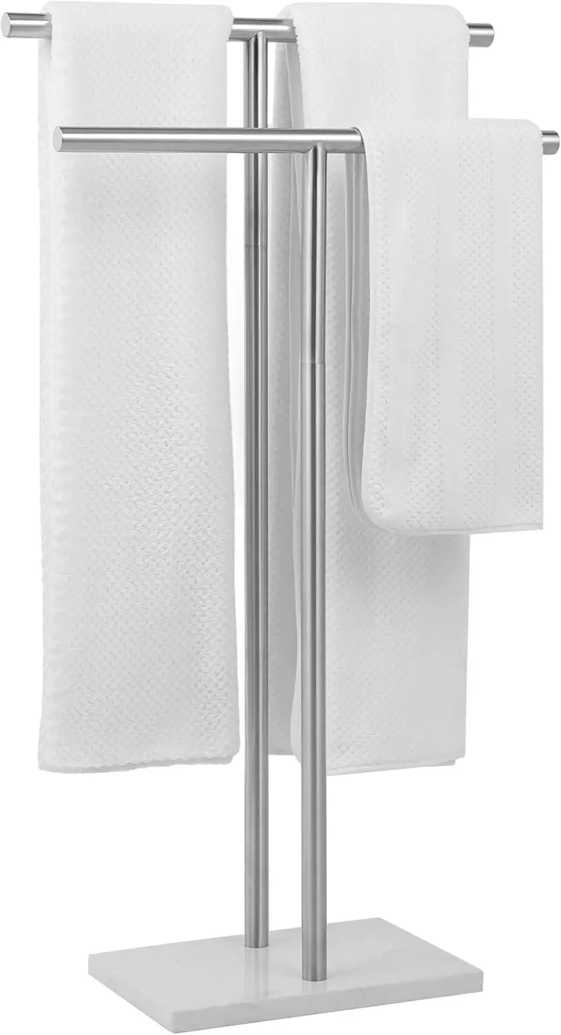 

Stainless Steel Towel Rack with Marble Base - 2 Tier Free Standing Bathroom Floor Stand for Towels