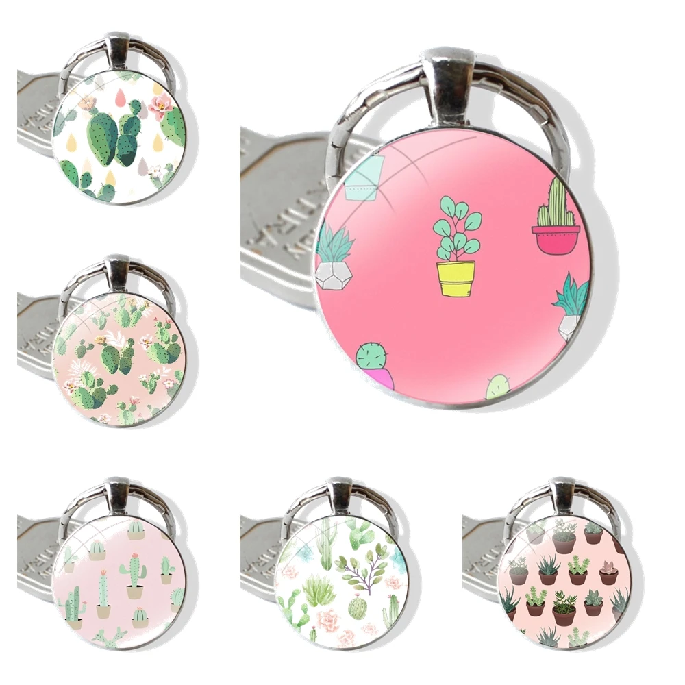 Keychain Handmade Glass Cabochon Key Ring Holder Pendant Key Chains Watercolour Cactus And Succulents