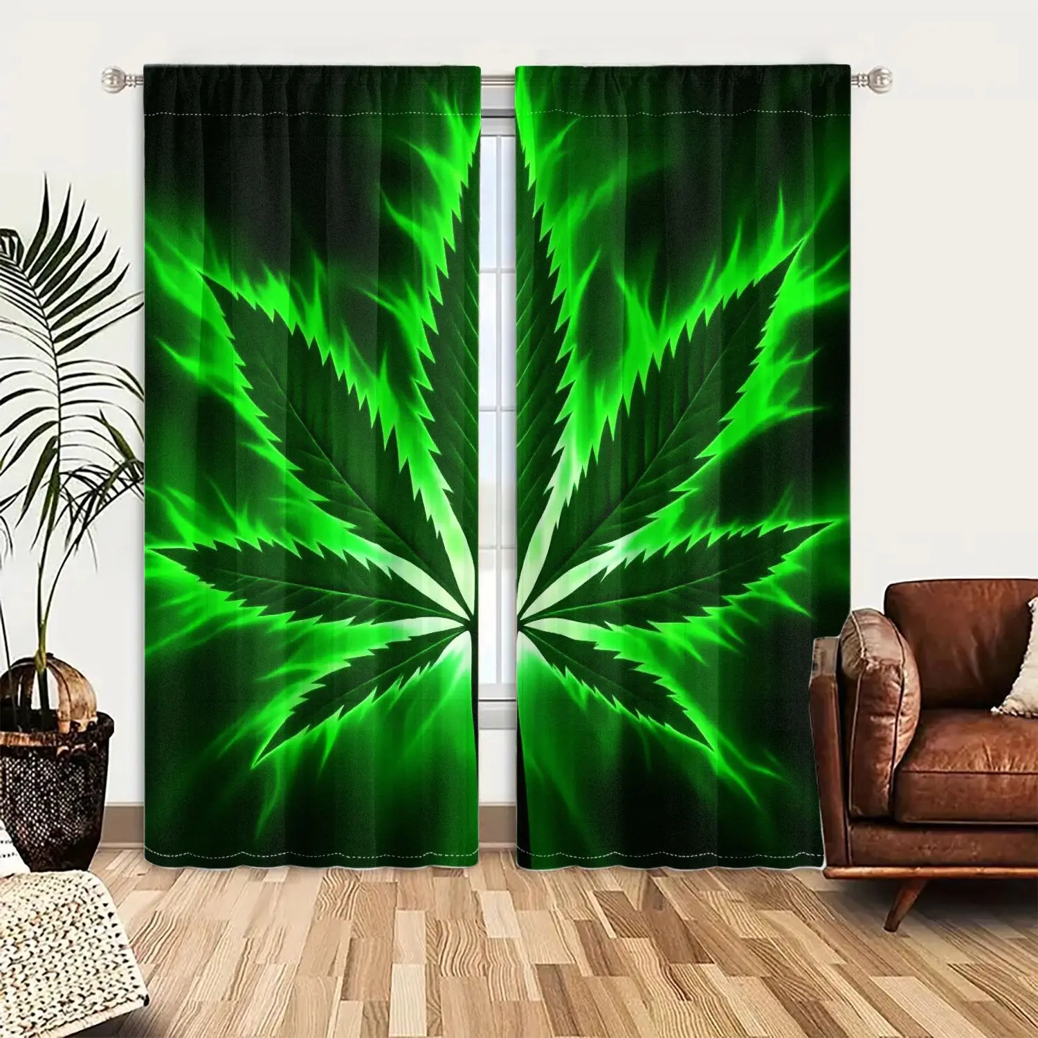 2pcs Cannabis Leaf Curtains Green Marijuana Plant Window Drapes Weed Themed Room Decor