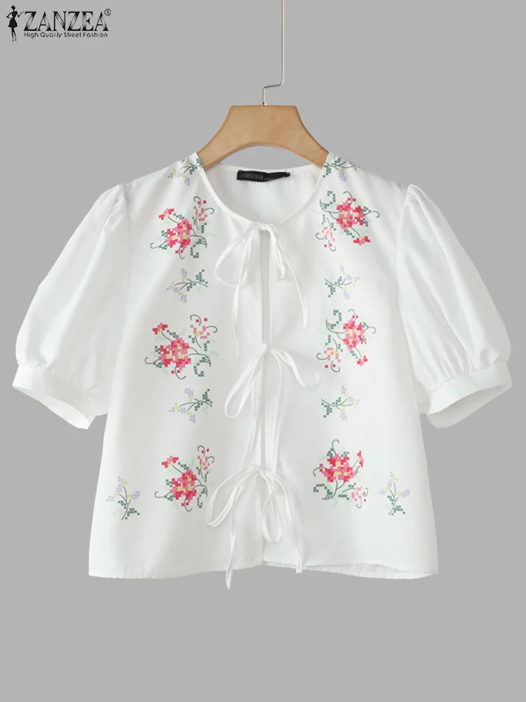 ZANZEA 여름 탑 여성 레이스 업 셔츠 2025 캐주얼 퍼프 슬리브 꽃 무늬 블라우스 빈티지 O 넥 블라우스 여름 OL 작업 튜닉