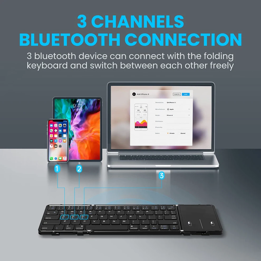 Bluetooth Keyboard with Touchpad Foldable Wireless Keyboard Tri-Folded Ultra Slim Support 3 Device Rechargeable Folding keyboard