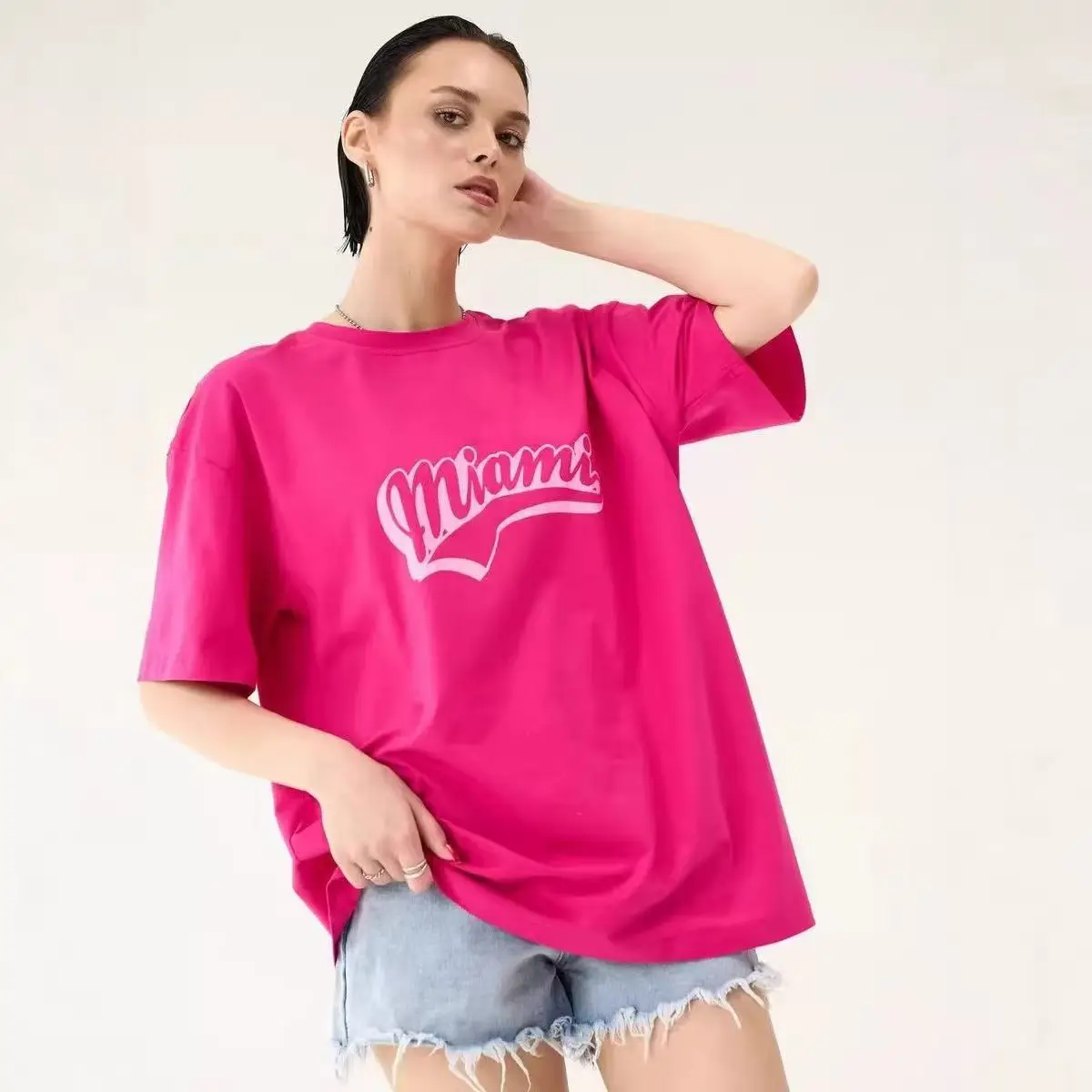 Rose Red Miami Letter Simple Design Florida American Fashionable Graphic T Shirts Women High Street Short Sleeve Gothic Y2k Top