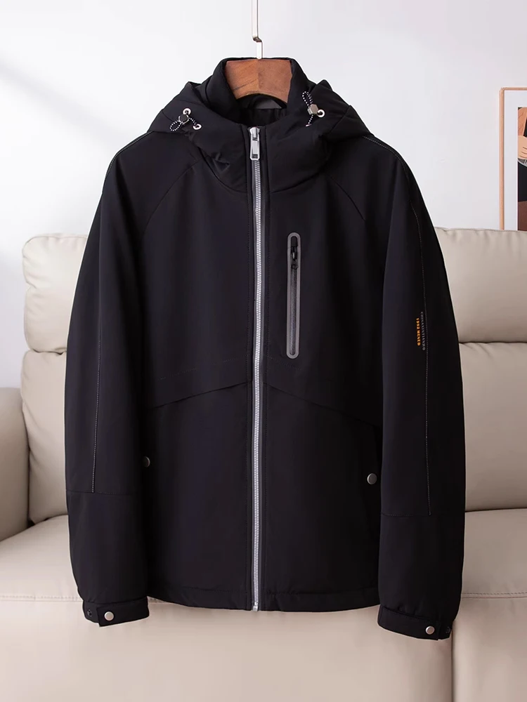 

Теплая, удобная, модная мужская хлопковая куртка с капюшоном, приталенного кроя, для делового стиля, повседневная, утепленная, из полиэстера.