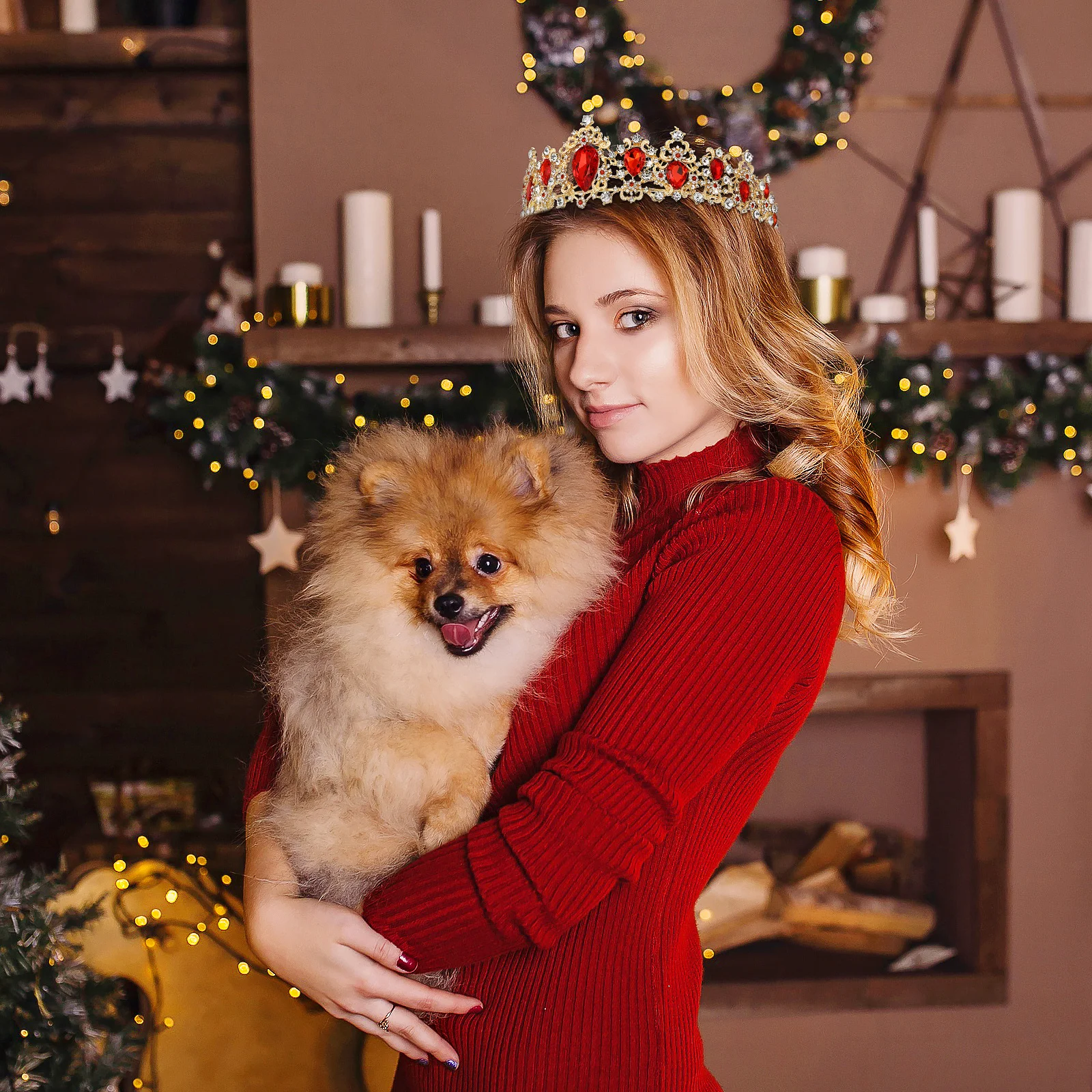 

Princess Crystal Tiara Wedding Headpiece Bridal Hair Accessories Red Sparkling Women Party Crown