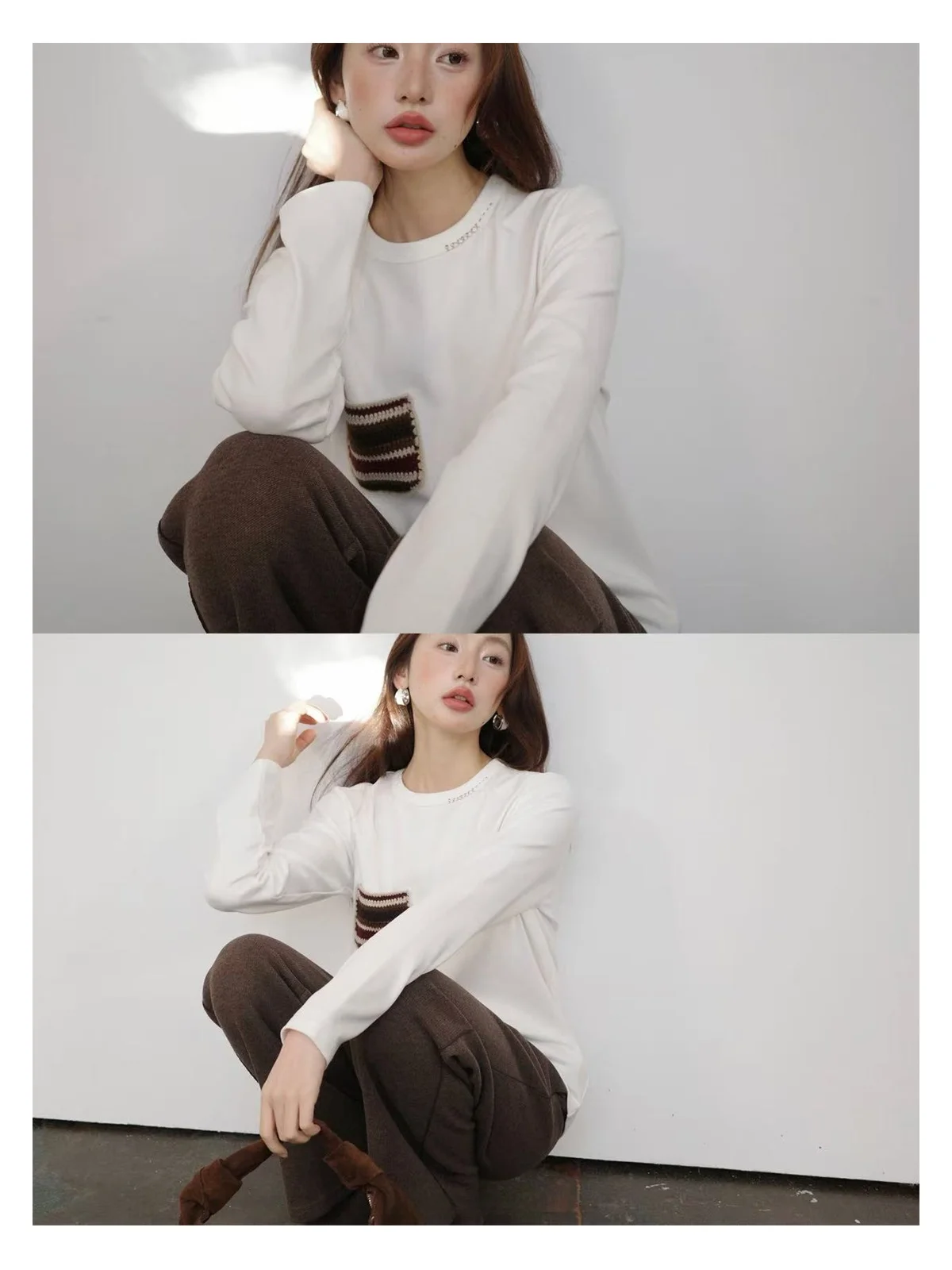 

Женская повседневная одежда: топ с длинным рукавом Independent Bug 25AW Crtily Woven Floing White T-shirt Design Sense ket Base