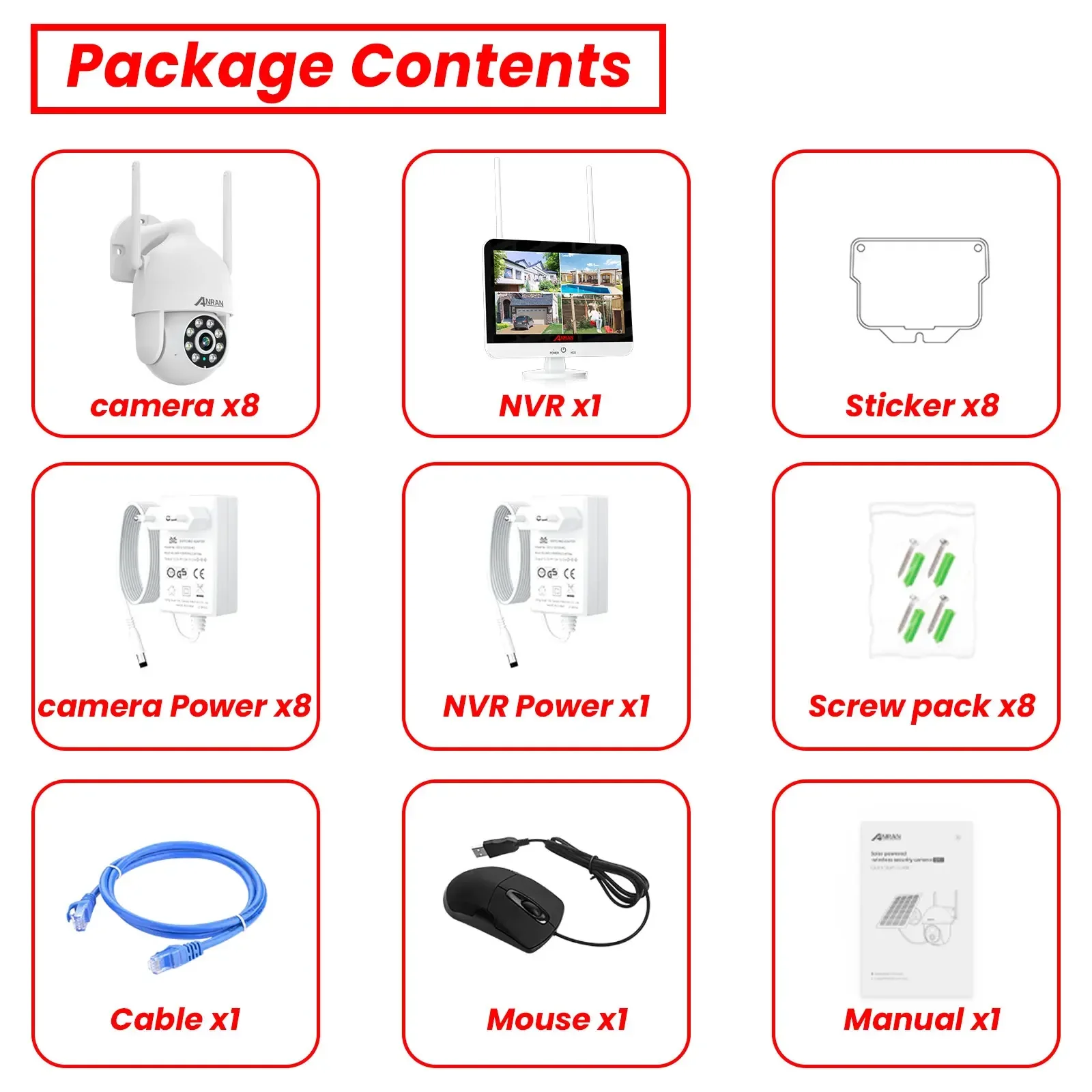 ANRAN Outdoor Nvr 8ch System with 12inch Screen Wireless Auto Tracking Ptz Rotate Home CCtv Wifi Camera