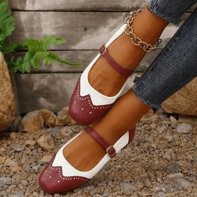 Vintage Brogue Mary Janes Damen-Flats aus zweifarbigem Leder, bequeme Frühlingsschuhe mit Schnallenriemen, Retro-Casual-Pumps für Büro und Alltag – Detail 4