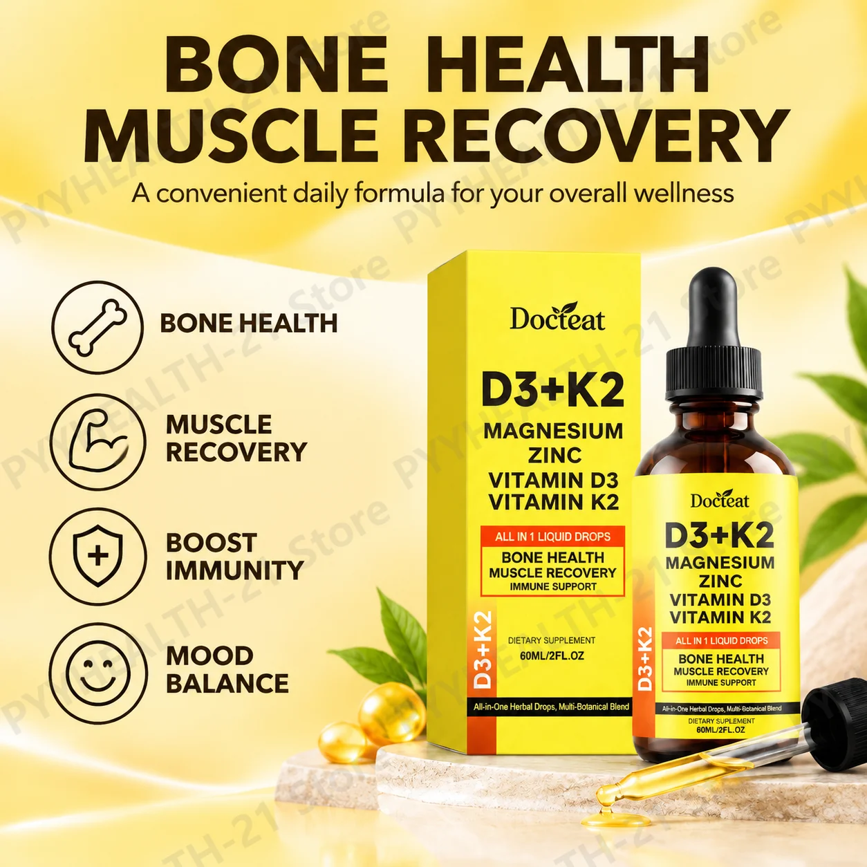 D3+K2 Drops Bone Health Muscle Recovery Boost Immunity Mood Balance with Vitamin D3 60 ML All in 1 Supplement for Muscle Cramps