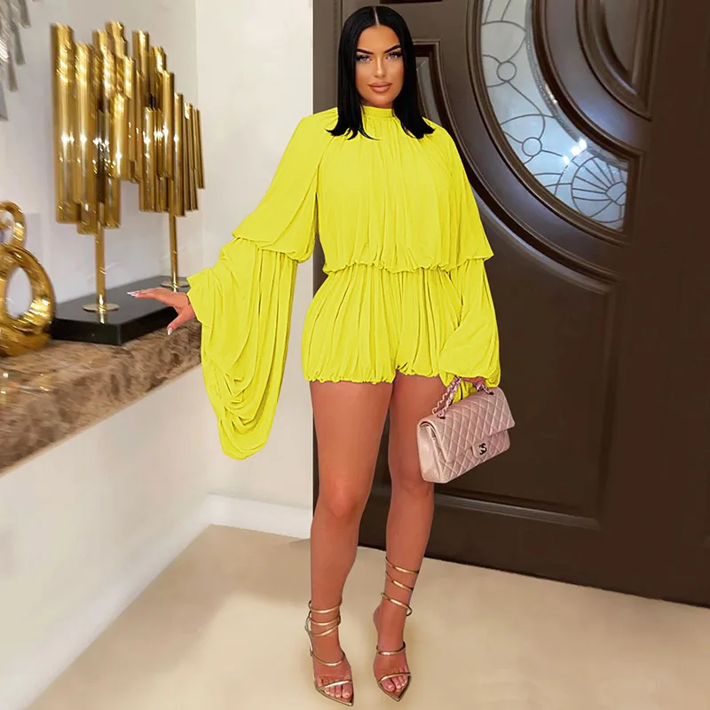 

Solid Mesh Short Jumpsuit for Woman Playsuit Long Flying Sleeve O-neck Patchwork Ruched Night Party One Piece Romper Combishort