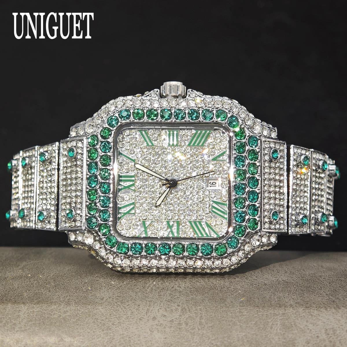 

Мужские часы UNIGUET в стиле хип-хоп, золотые, с полным бриллиантовым покрытием, квадратные наручные часы с римскими цифрами, кварцевые, с эффектом «Iced Out Bling», для мужчин, новинка 2026 года