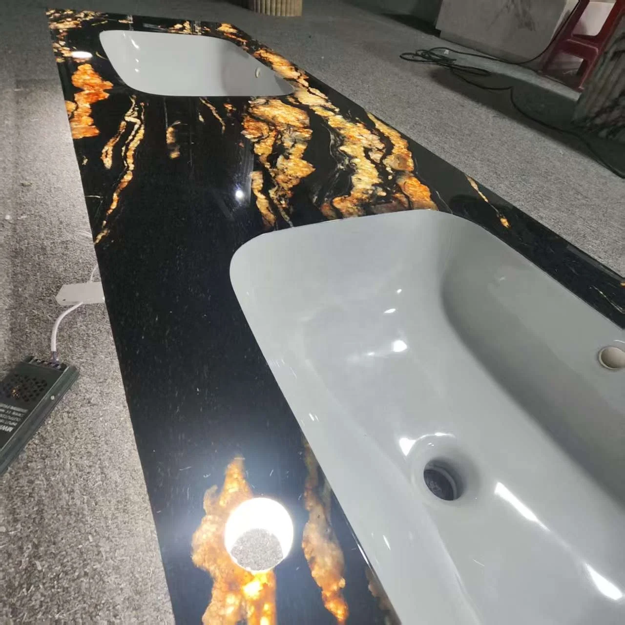 xx-Modern Black Gold Flower Marble Glow Double Slot Square Basin Wall Mount Hotel Use Bathroom Sink with 5 Year Warranty*
