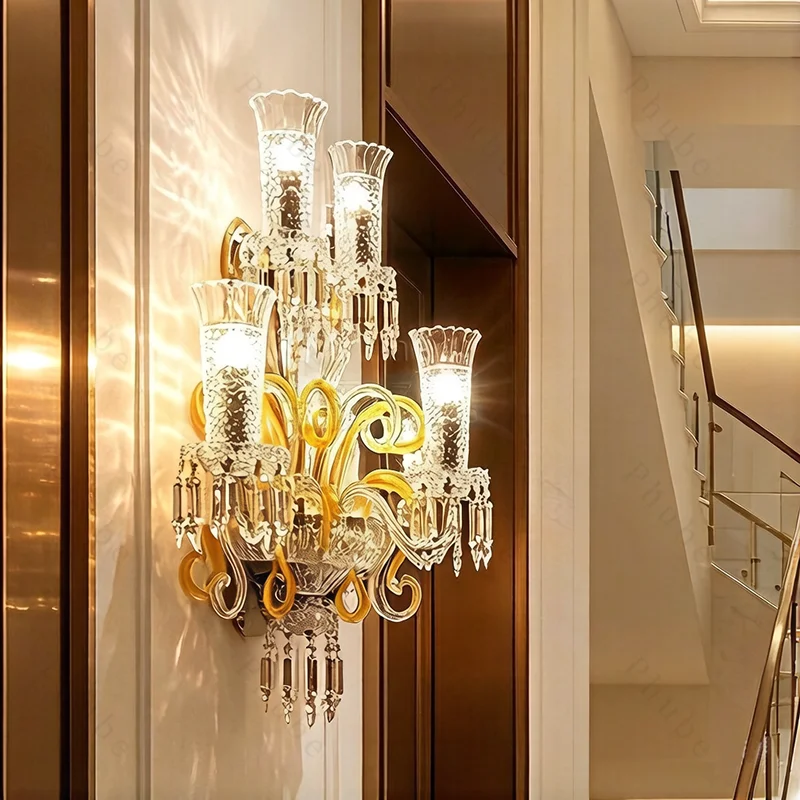 

Phube 5-Light Crystal Wall Sconce Handcrafted Luxury Wall Lamp with Clear Glass Shade Amber Curved Arm for Living Room Bedroom