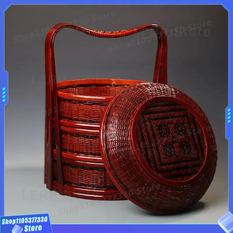 Large Red Bamboo Weaving Basket Portable Wedding Gift Box Chinese Style Food Container Handheld Bye Bye Basket for Ceremony