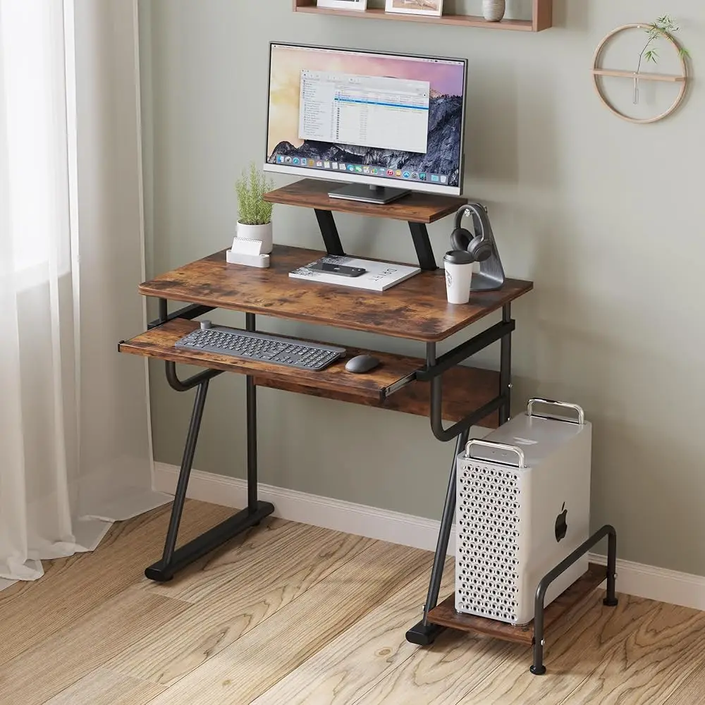

Gaming/Computer Desk, Home Office Small Desk With Monitor Stand, Rustic Writing Desk, Dismountable Computer Tower Stand,
