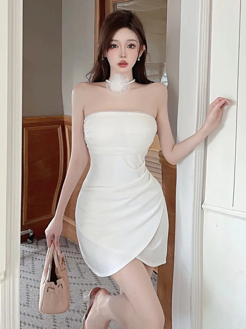 Sexy Sleeveless Strapless Dresses for Summer Women 2024 New Sexy pleated lace patchwork SKinny Mini hip hugging dress for women