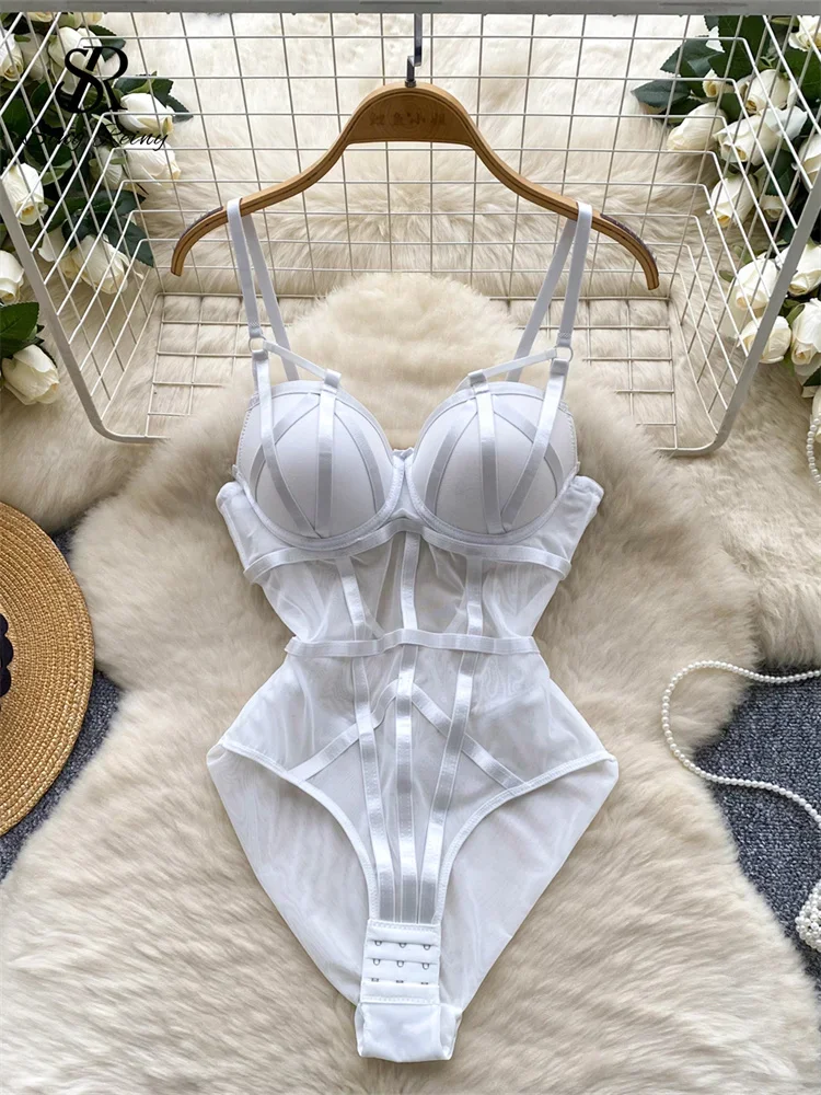 

SINGREINY Women Corset Slim Sexy Bodysuits Sleeveless Gauze Short Playsuits Fashion Open crotch Underwear Camis Solid Rompers