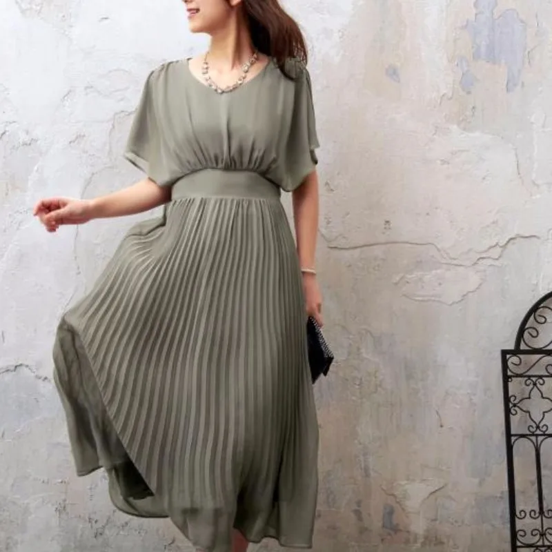

Chic Korean Sle ort Sve Pleated Skirt Dr Ele Sweet Polyester Summer Dr High Waist A-Line Midi Dr