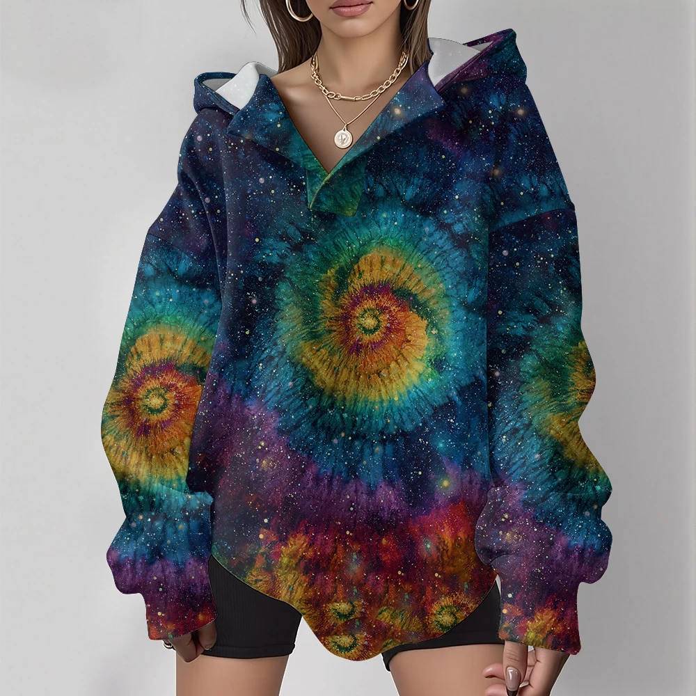 

​ Женская толстовка с капюшоном «Космическая спираль» и принтом тай-дай, свободная уличная толстовка в стиле хип-хоп с v-образным вырезом, фиолетовая, синяя, с принтом галактики, зимняя мода