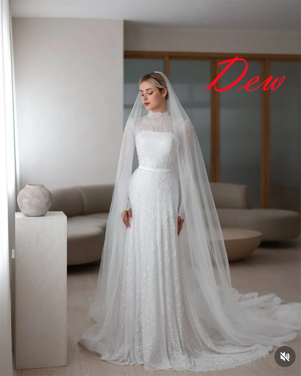 맞춤 제작 고품질 화이트 오간자 브라이덜 가운, 우아한 크루넥 긴팔 스팽글 웨딩드레스, 채플 트레인 드레스