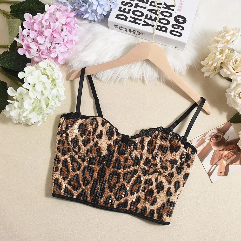 

Women's Sexy Sequined Beaded Leopard Print Crop Top Shoulder Strap Sleeveless Hollow Y2k Top