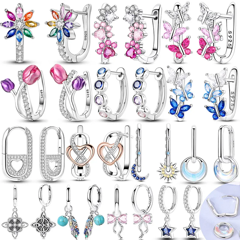 Genuine 925 Silver Rainbow Flower French Style Earrings Fit Original Charms Hoop For Women Girls Stud Earring Fine Jewelry Gifts