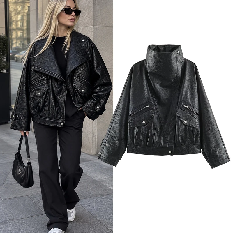 Women Faux Leather Jacket High Collar Asymmetrical Zipper Biker Coat Vintage Oversized Black Motorcycle Jacket Autumn Winter