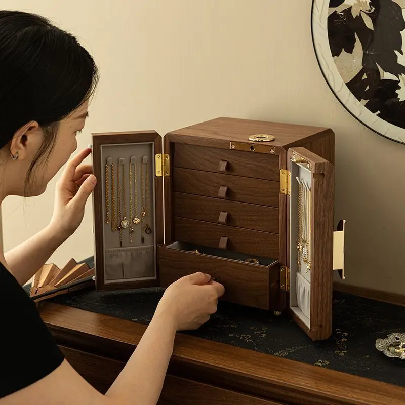 Jewelry Box Storage  New Chinese Wooden High-end Fingerprint Lock Gold Jewelry Birthday Engagement Newlywed Qixi Festival Gift