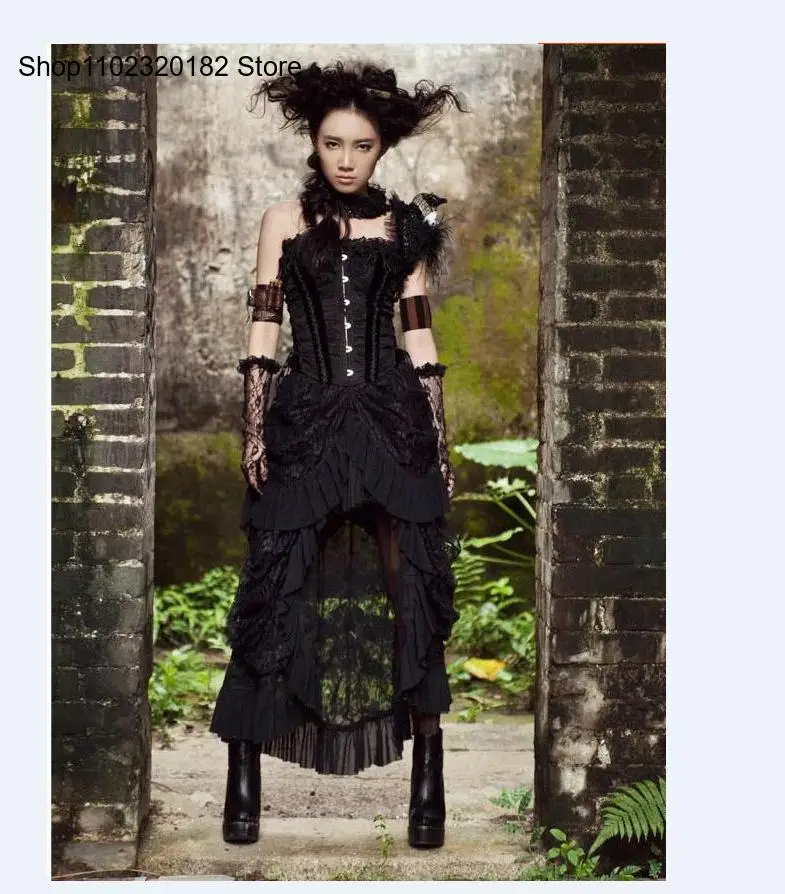 New Women Retro Victorian Lace Up Steampunk Gothic Goth Punk Long Skirt Ruffle Dress