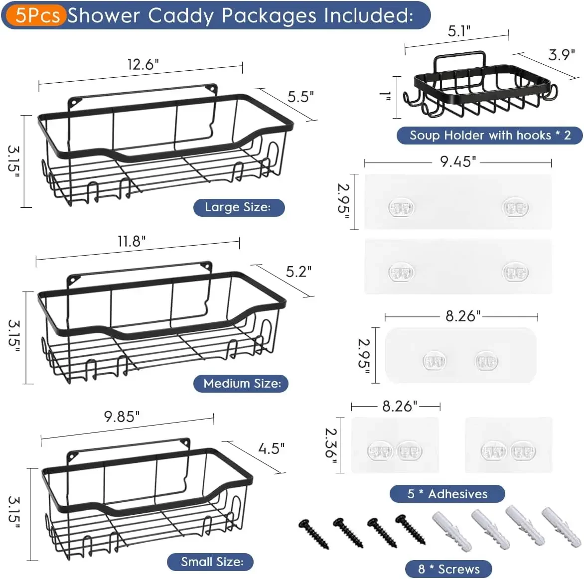 Shower Caddy Sheves,[ 5 Pack ]Bathroom Shelf Organizer with Soap Holder,No Drilling Adhesive SUS 304 Stainless Steel Rustproof S